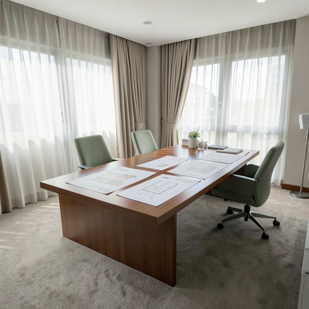 Quiet Bangkok office with printed portfolio charts on a long work table