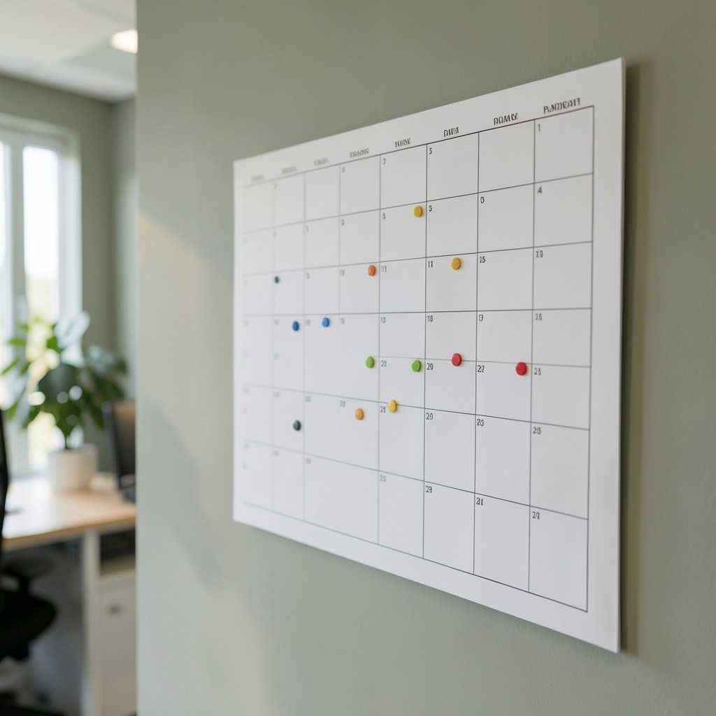 Wall calendar with colored markers for lease expiries