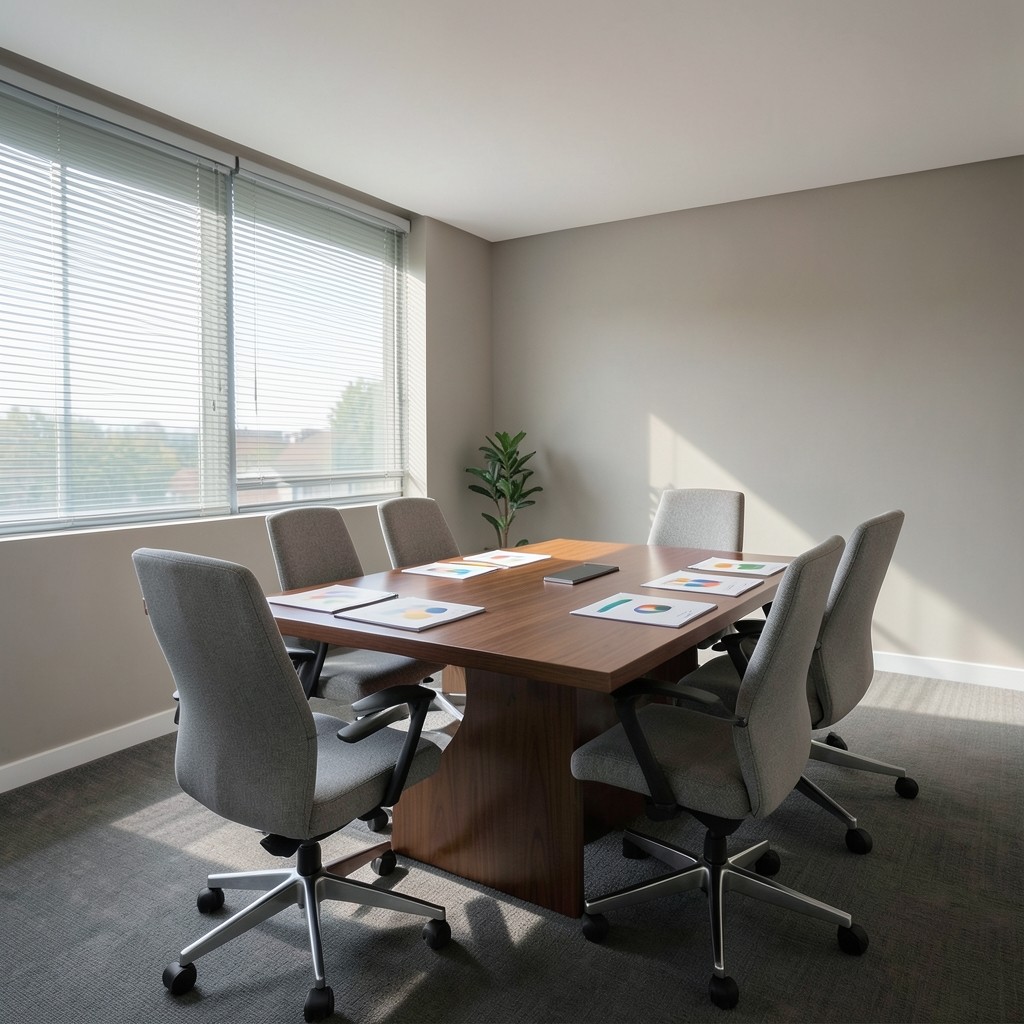 Conference room prepared for an owner briefing with printed charts