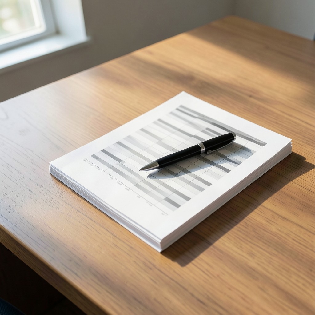 Printed rent roll sheets arranged on a wooden desk with a pen