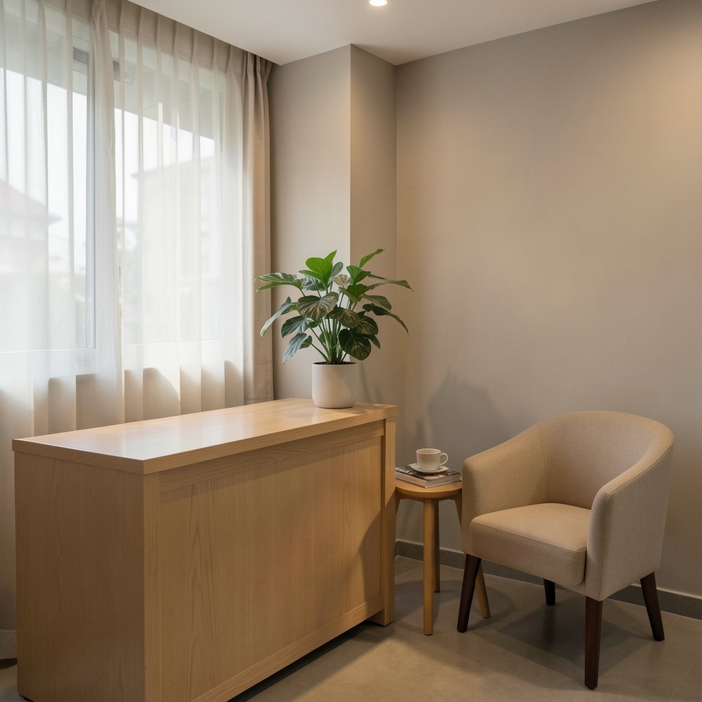 Reception desk in a Bangkok office with soft daylight and quiet seating