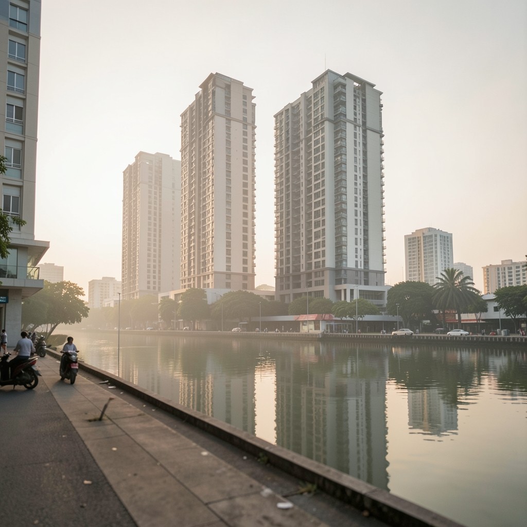 Bangkok waterfront residential towers at soft morning light with quiet street activity below