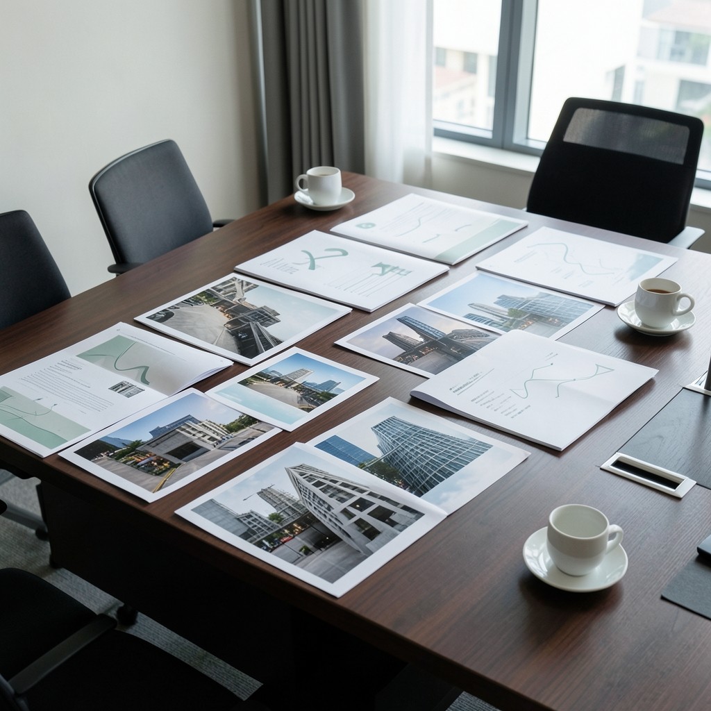 Large printed portfolio review sheets spread across a meeting table