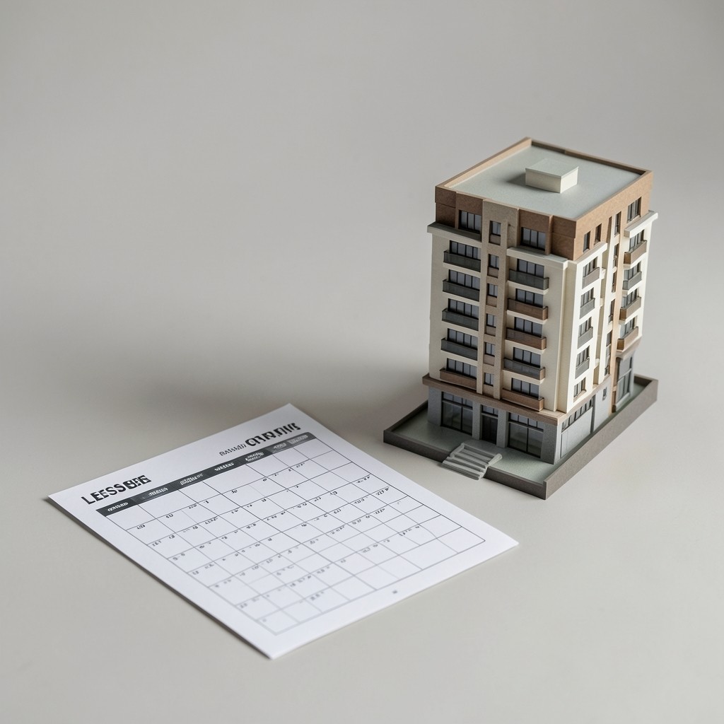 Printed lease calendar charts beside a residential building model