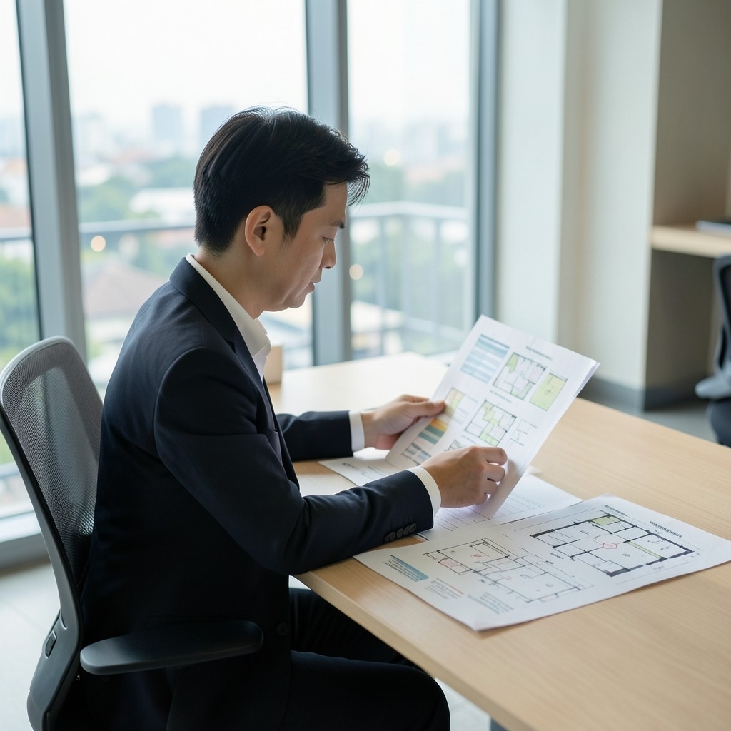 Analyst reviewing property portfolio charts on a desk with floor plans